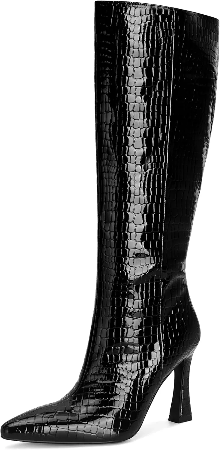 SOVANYOU Kitten Heel Knee High Boots for Women Pointed Toe Tall Boots Wide Calf Boots with Pull-on Style