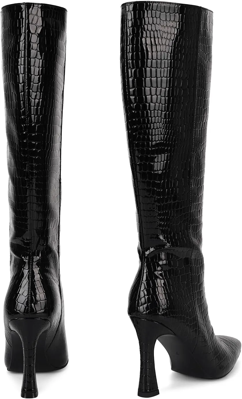 SOVANYOU Kitten Heel Knee High Boots for Women Pointed Toe Tall Boots Wide Calf Boots with Pull-on Style