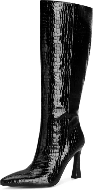 SOVANYOU Kitten Heel Knee High Boots for Women Pointed Toe Tall Boots Wide Calf Boots with Pull-on Style