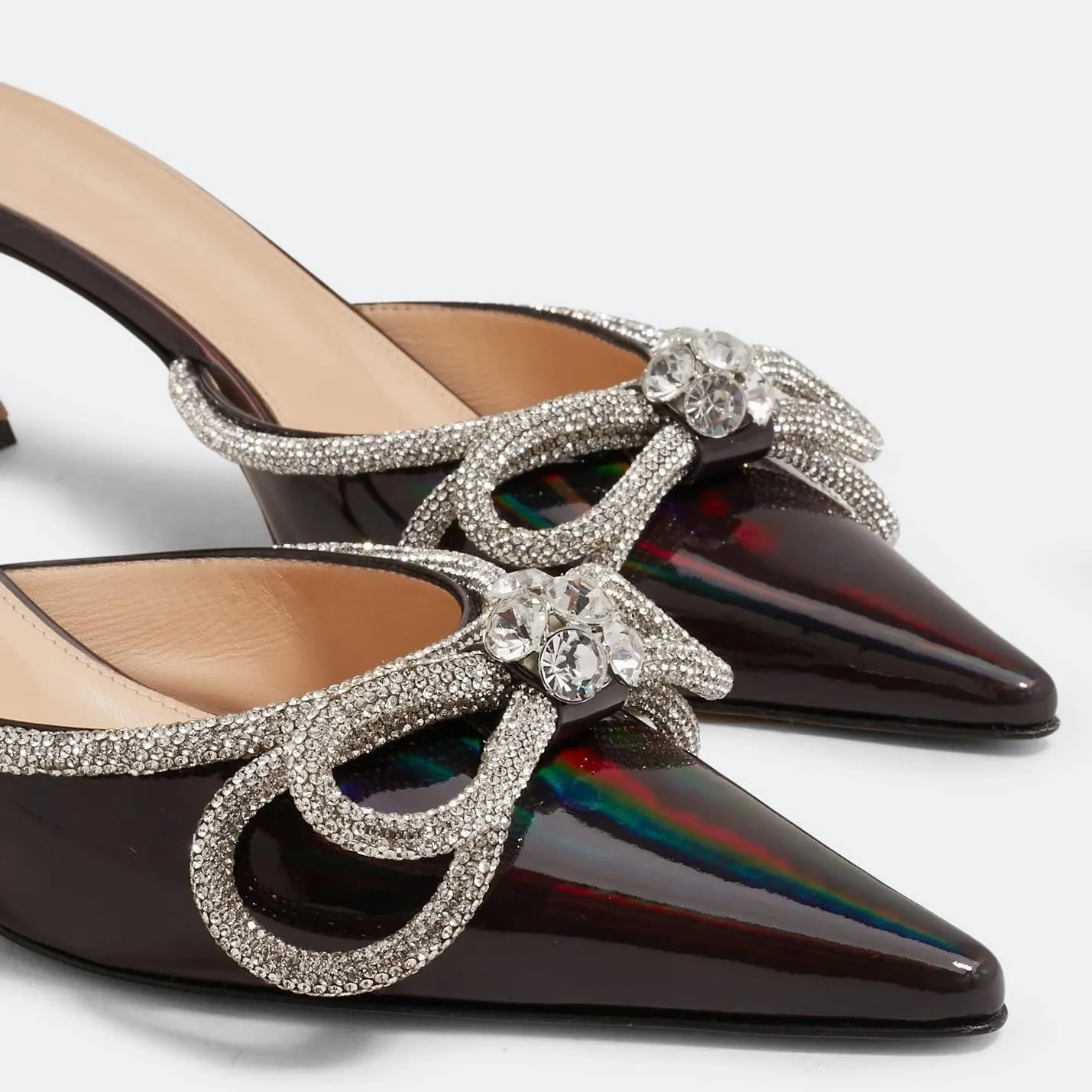 Sparkle Double Bow Heeled Mules Crystal-Embellished Slip On Iridescent Upper Kitten Sandals