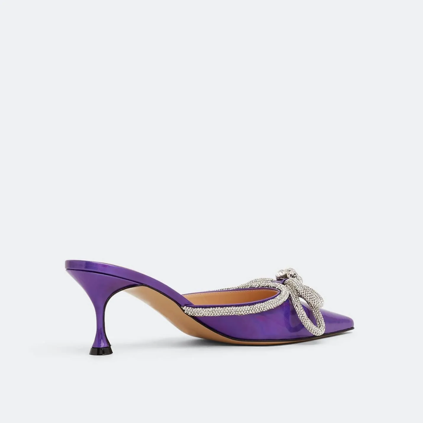 Sparkle Double Bow Heeled Mules Crystal-Embellished Slip On Iridescent Upper Kitten Sandals