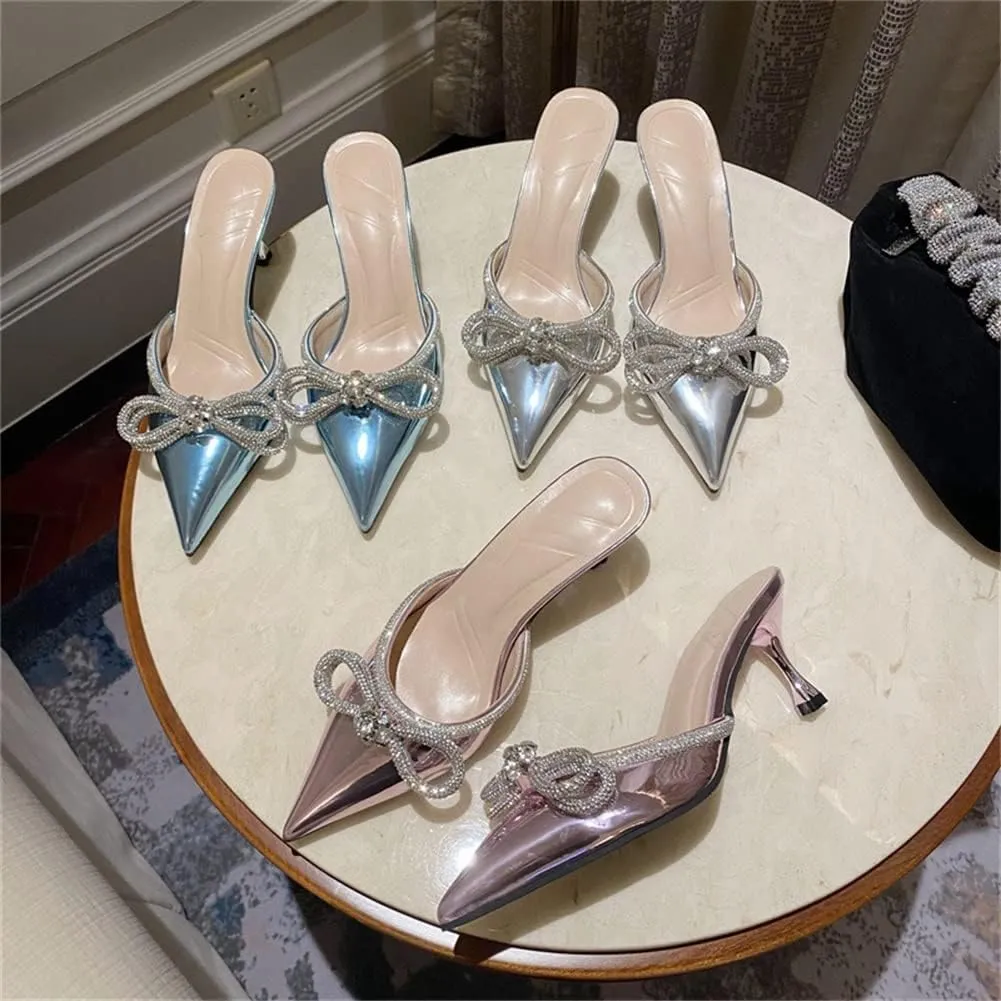 Sparkle Double Bow Heeled Mules Crystal-Embellished Slip On Iridescent Upper Kitten Sandals