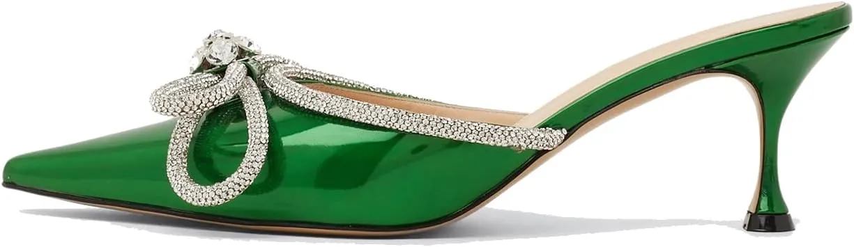 Sparkle Double Bow Heeled Mules Crystal-Embellished Slip On Iridescent Upper Kitten Sandals
