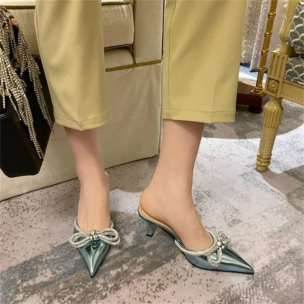 Sparkle Double Bow Heeled Mules Crystal-Embellished Slip On Iridescent Upper Kitten Sandals