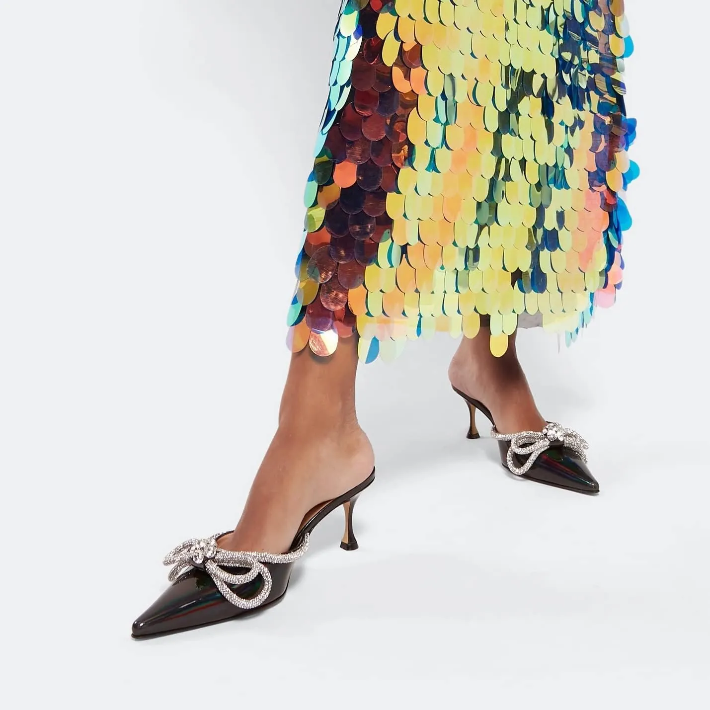 Sparkle Double Bow Heeled Mules Crystal-Embellished Slip On Iridescent Upper Kitten Sandals