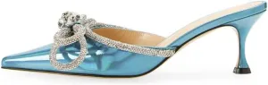 Sparkle Double Bow Heeled Mules Crystal-Embellished Slip On Iridescent Upper Kitten Sandals