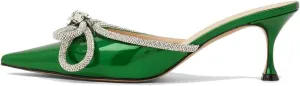 Sparkle Double Bow Heeled Mules Crystal-Embellished Slip On Iridescent Upper Kitten Sandals