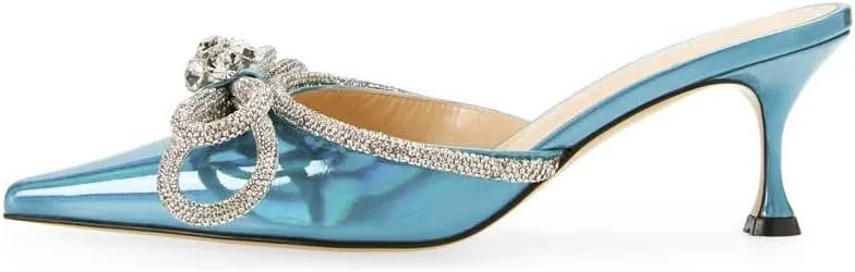 Sparkle Double Bow Heeled Mules Crystal-Embellished Slip On Iridescent Upper Kitten Sandals