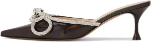 Sparkle Double Bow Heeled Mules Crystal-Embellished Slip On Iridescent Upper Kitten Sandals