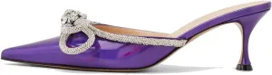 Sparkle Double Bow Heeled Mules Crystal-Embellished Slip On Iridescent Upper Kitten Sandals