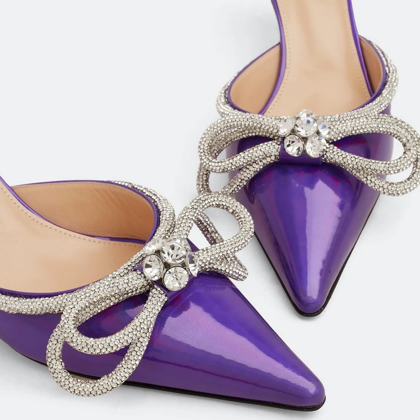 Sparkle Double Bow Heeled Mules Crystal-Embellished Slip On Iridescent Upper Kitten Sandals
