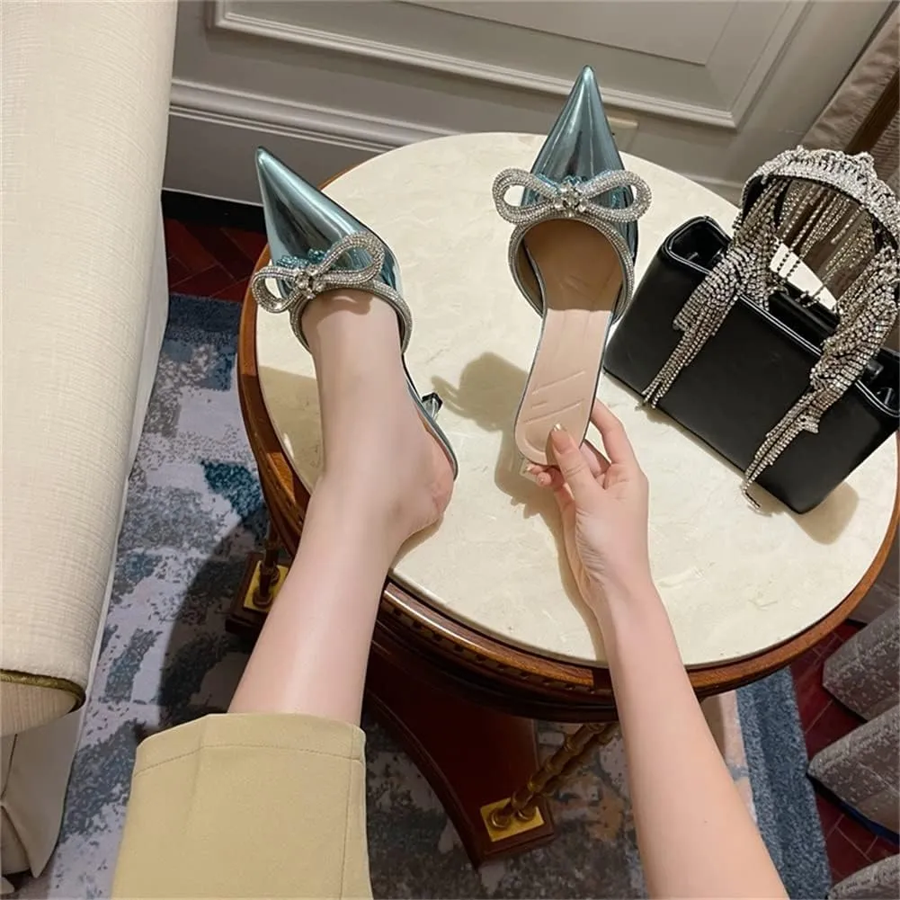 Sparkle Double Bow Heeled Mules Crystal-Embellished Slip On Iridescent Upper Kitten Sandals