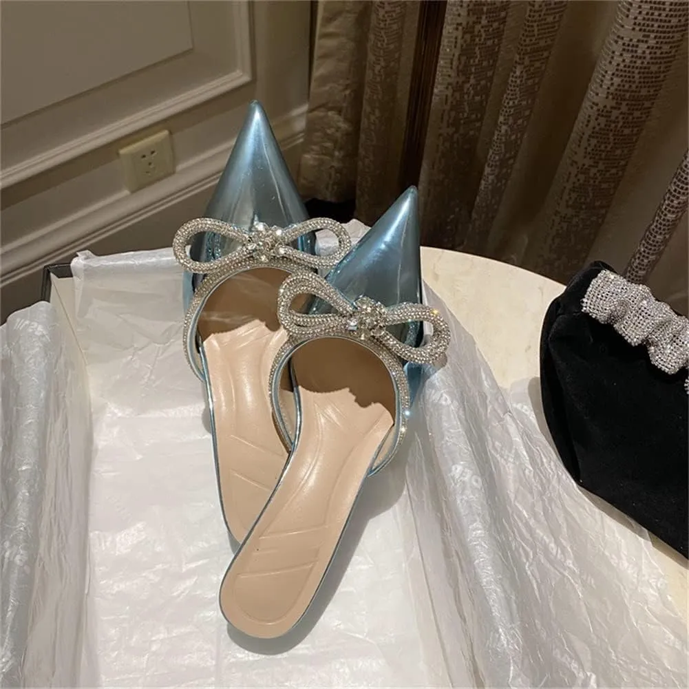 Sparkle Double Bow Heeled Mules Crystal-Embellished Slip On Iridescent Upper Kitten Sandals