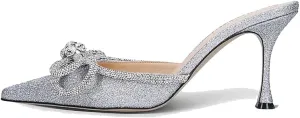 Sparkle Double Bow Heeled Mules Crystal-Embellished Slip On Kitten Sandals