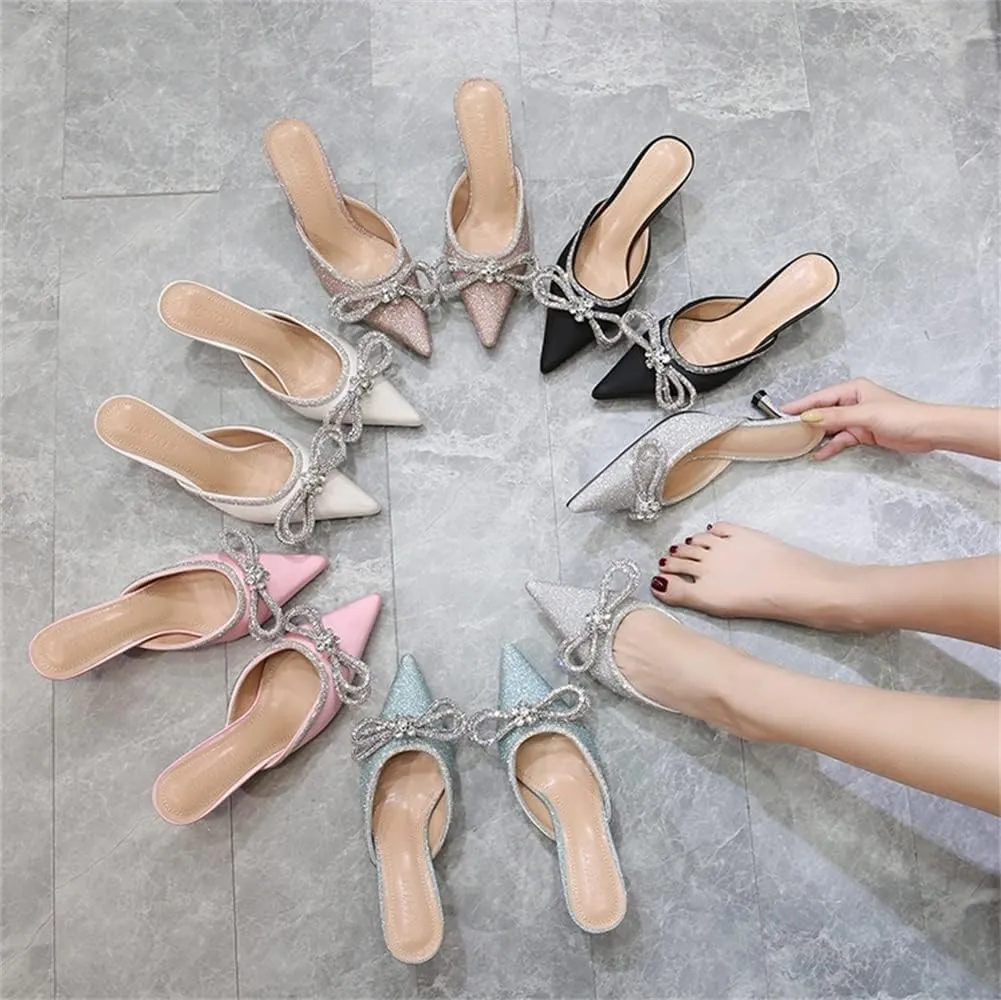 Sparkle Double Bow Heeled Mules Crystal-Embellished Slip On Kitten Sandals