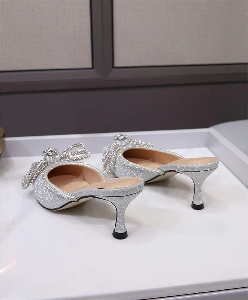 Sparkle Double Bow Heeled Mules Crystal-Embellished Slip On Kitten Sandals