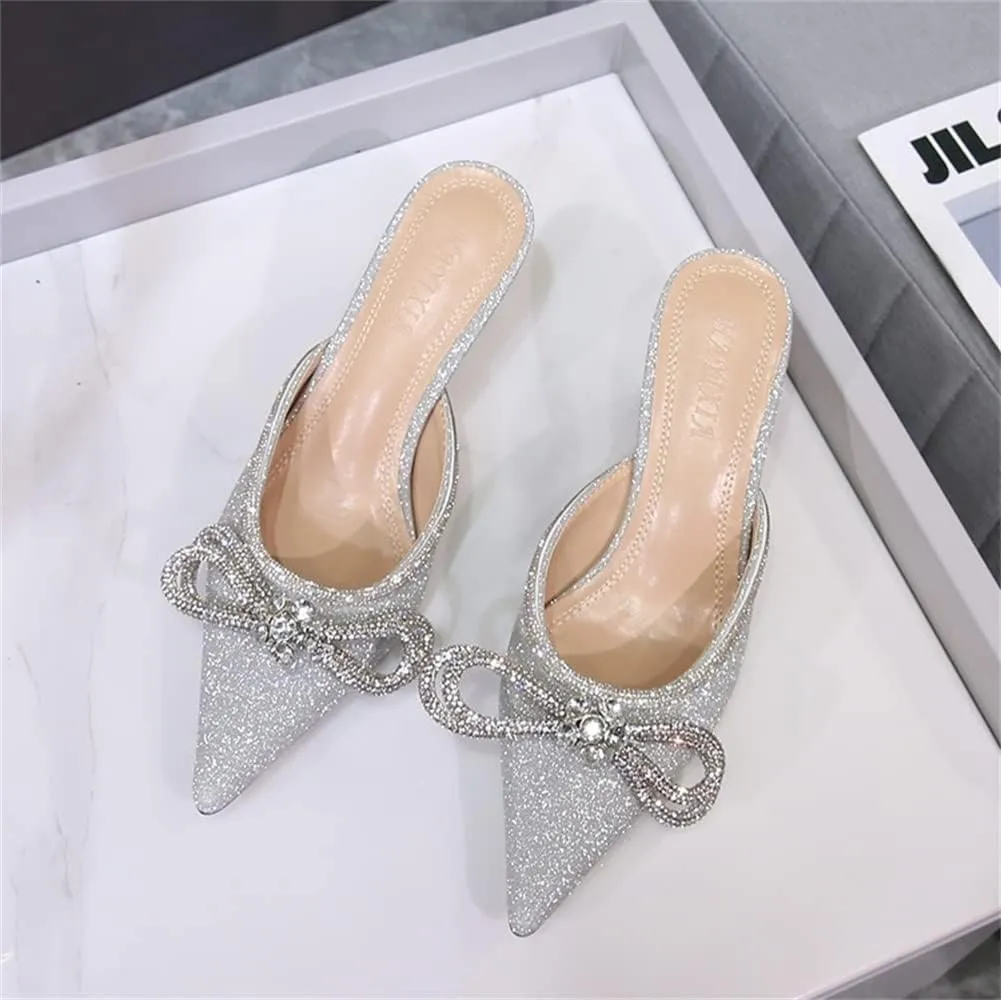 Sparkle Double Bow Heeled Mules Crystal-Embellished Slip On Kitten Sandals