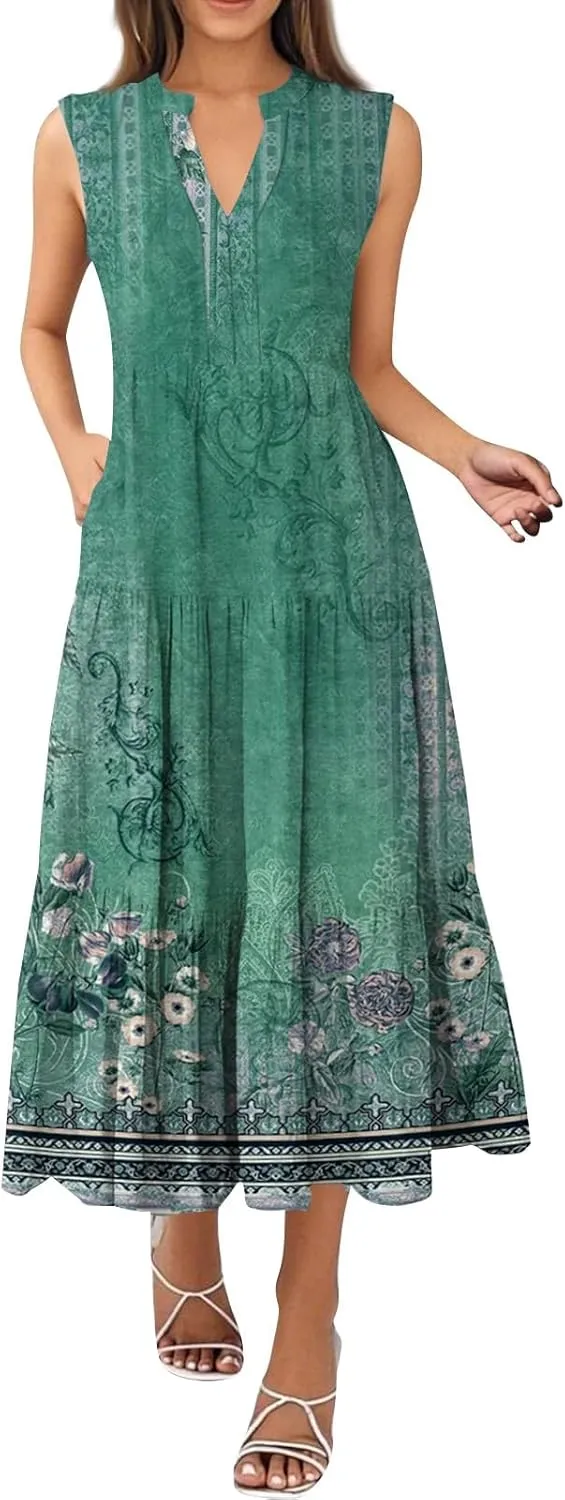 Summer Dresses for Women Sleeveless V Neck Sundresses High Wasited Print Soft Loose Casual Flowy Dress with Pocket