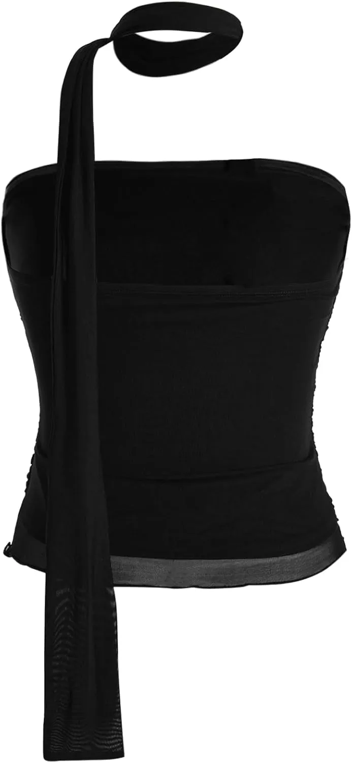 SweatyRocks Women's Ruched Sheer Mesh Strapless Tube Top Sleeveless Slim Fitted Bandeau Top with Scarf