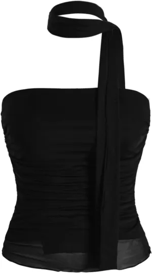 SweatyRocks Women's Ruched Sheer Mesh Strapless Tube Top Sleeveless Slim Fitted Bandeau Top with Scarf