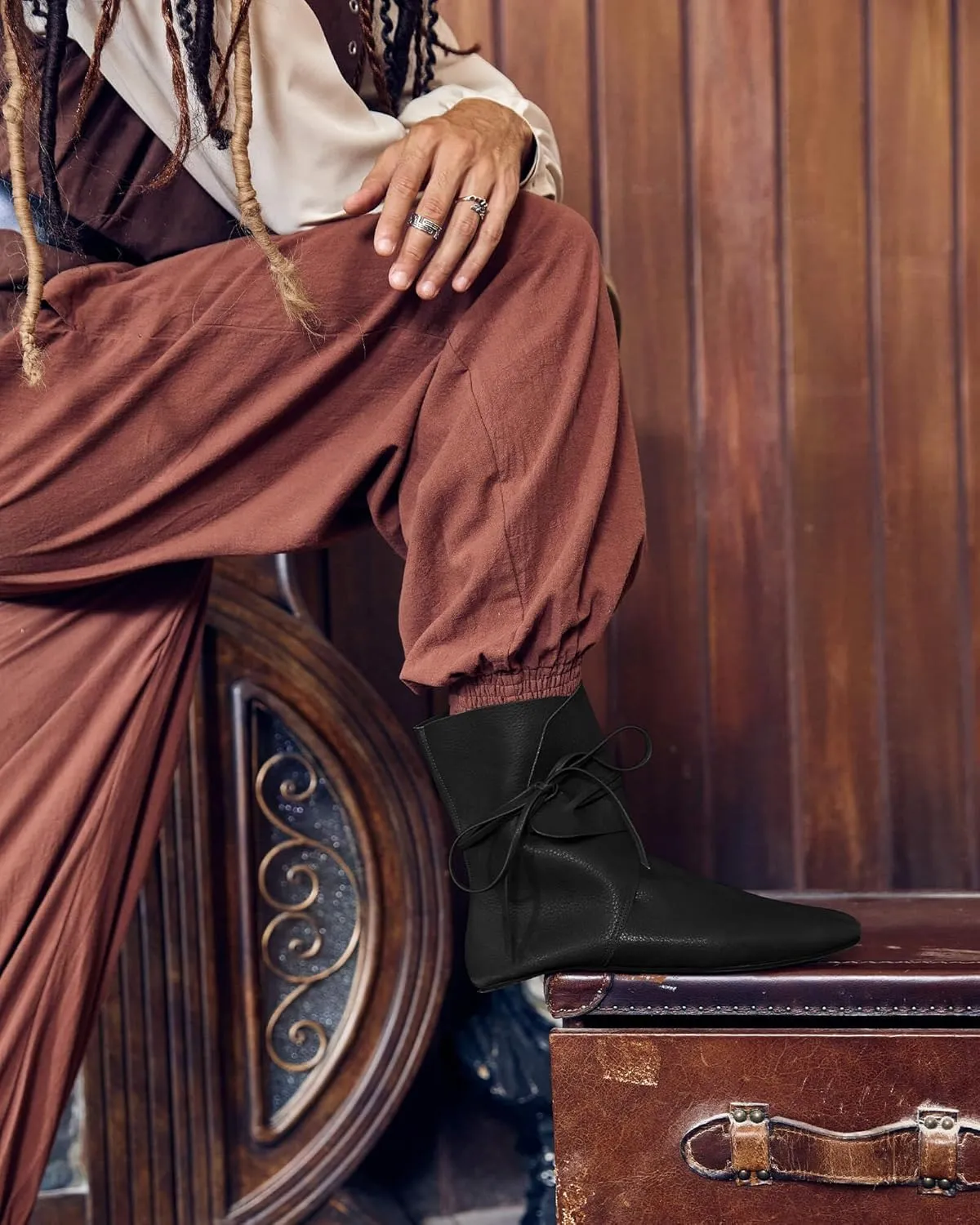 Syktkmx Mens Renaissance Boots Slip on Lace Up Medieval Cosplay Western Pirate Viking Tied Halloween Cuff Shoes