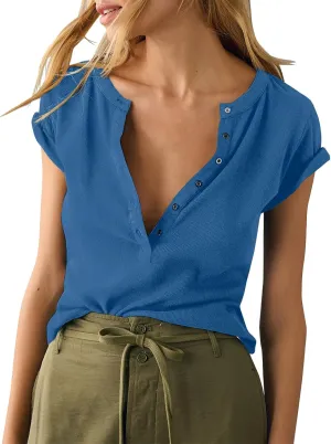 Tankaneo Women Deep V Neck Low Cut Tops Casual Ribbed Knit Henley T-Shirts Summer Short Sleeve Tees