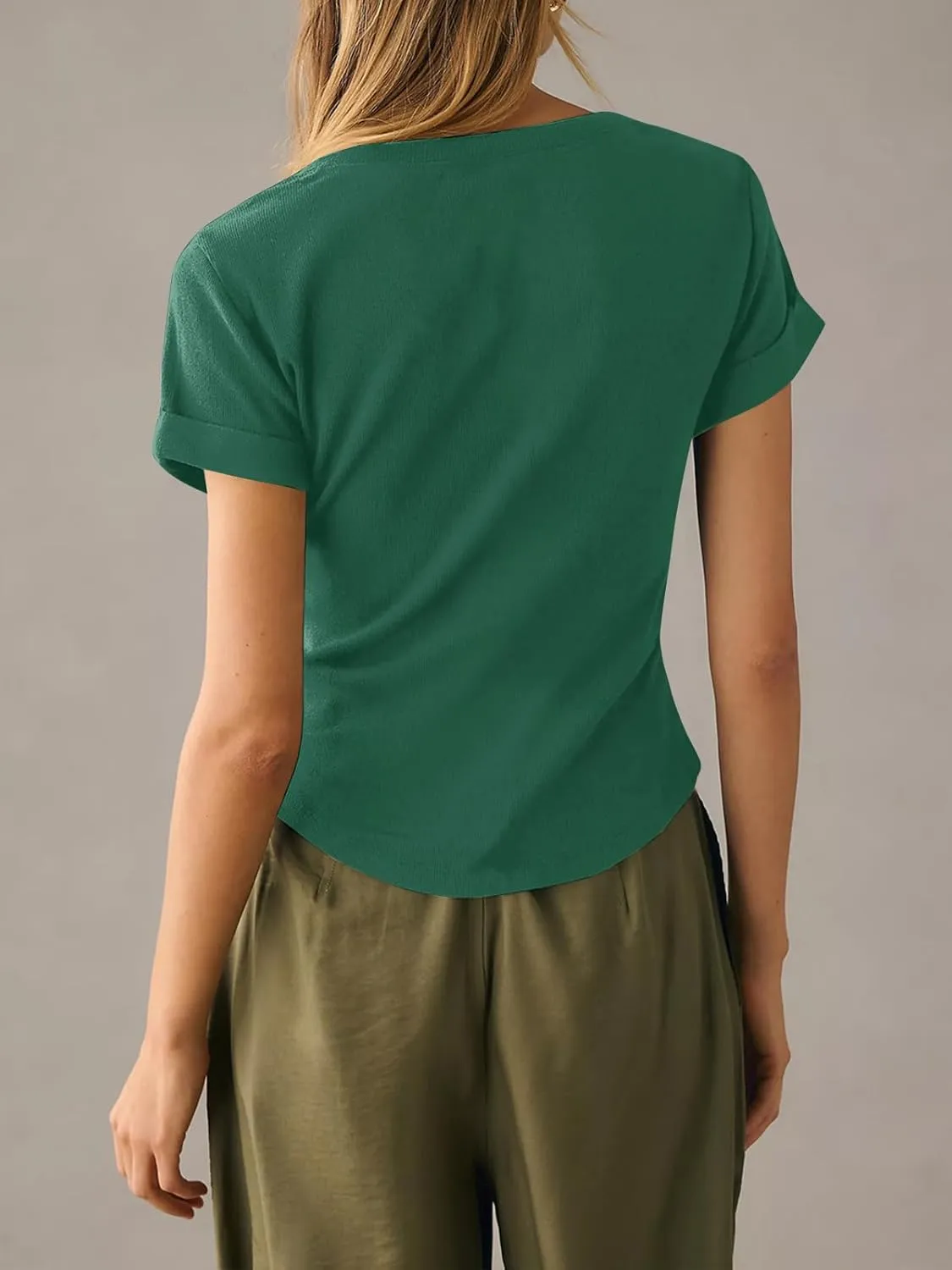 Tankaneo Women Deep V Neck Low Cut Tops Casual Ribbed Knit Henley T-Shirts Summer Short Sleeve Tees