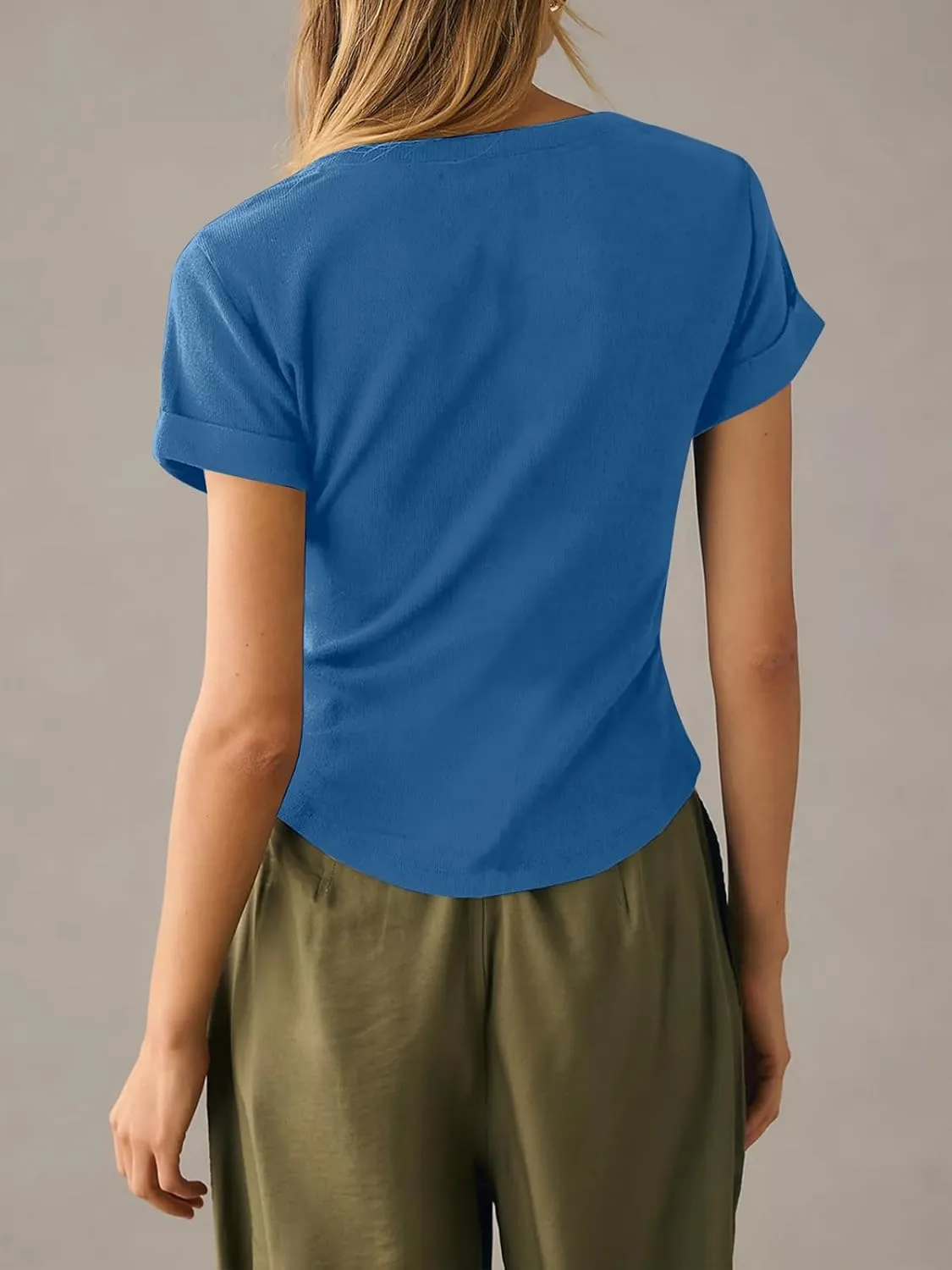 Tankaneo Women Deep V Neck Low Cut Tops Casual Ribbed Knit Henley T-Shirts Summer Short Sleeve Tees