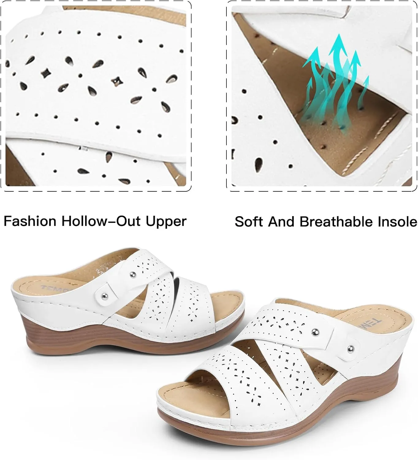 TEMOFON Wedge Sandals for Women Summer: Dressy Low Heel Sandals Black/Navy/White, Comfortable Walking, Arch support, Casual Slip on Summer Shoes, Size 5-11