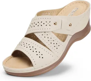 TEMOFON Wedge Sandals for Women Summer: Dressy Low Heel Sandals Black/Navy/White, Comfortable Walking, Arch support, Casual Slip on Summer Shoes, Size 5-11