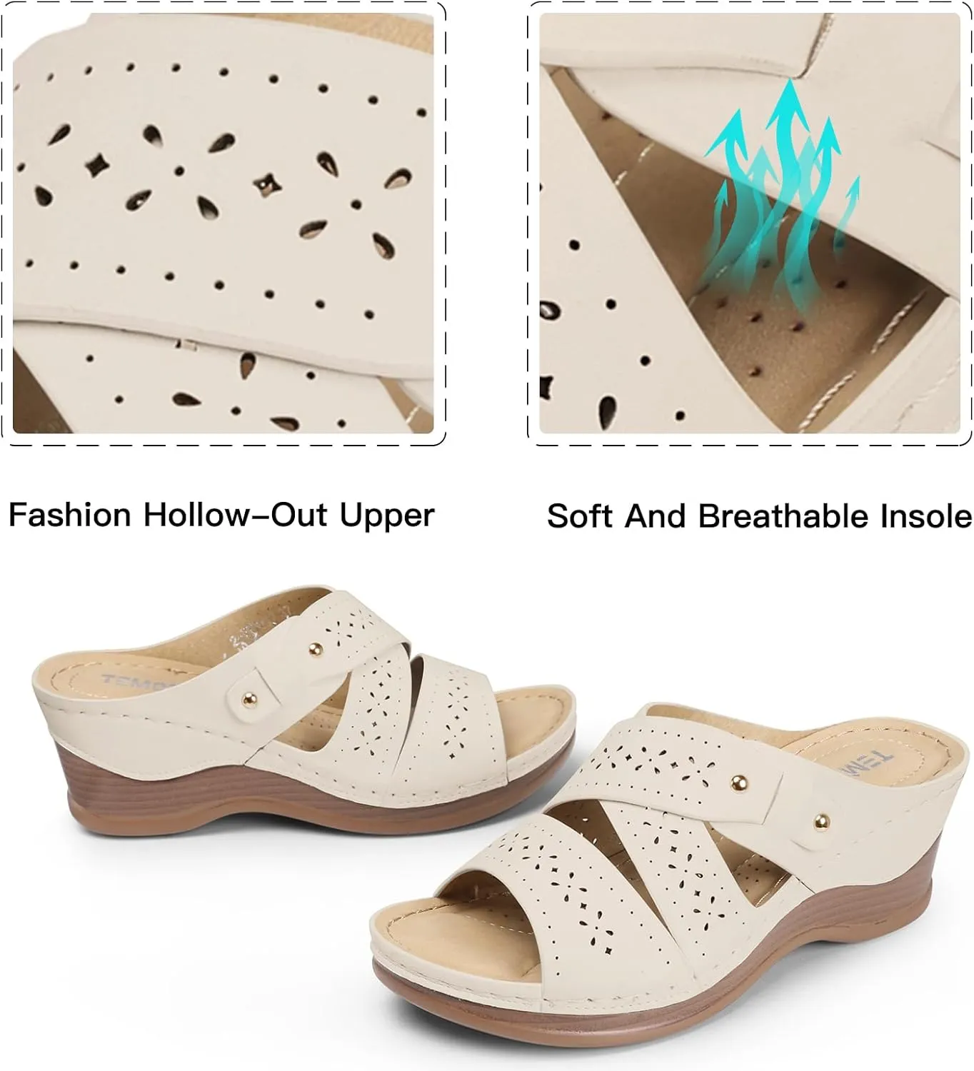 TEMOFON Wedge Sandals for Women Summer: Dressy Low Heel Sandals Black/Navy/White, Comfortable Walking, Arch support, Casual Slip on Summer Shoes, Size 5-11