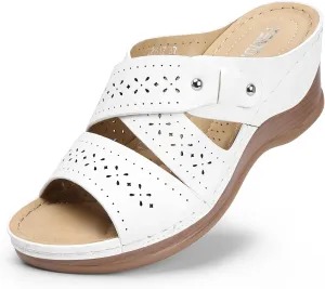 TEMOFON Wedge Sandals for Women Summer: Dressy Low Heel Sandals Black/Navy/White, Comfortable Walking, Arch support, Casual Slip on Summer Shoes, Size 5-11