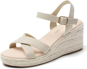 Tilocow Espadrilles Wedges for Women Knit Platform Heels Open Toe Ankle Strap Sandals Beach Casual Dress Shoes