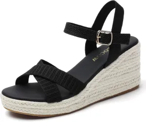 Tilocow Espadrilles Wedges for Women Knit Platform Heels Open Toe Ankle Strap Sandals Beach Casual Dress Shoes