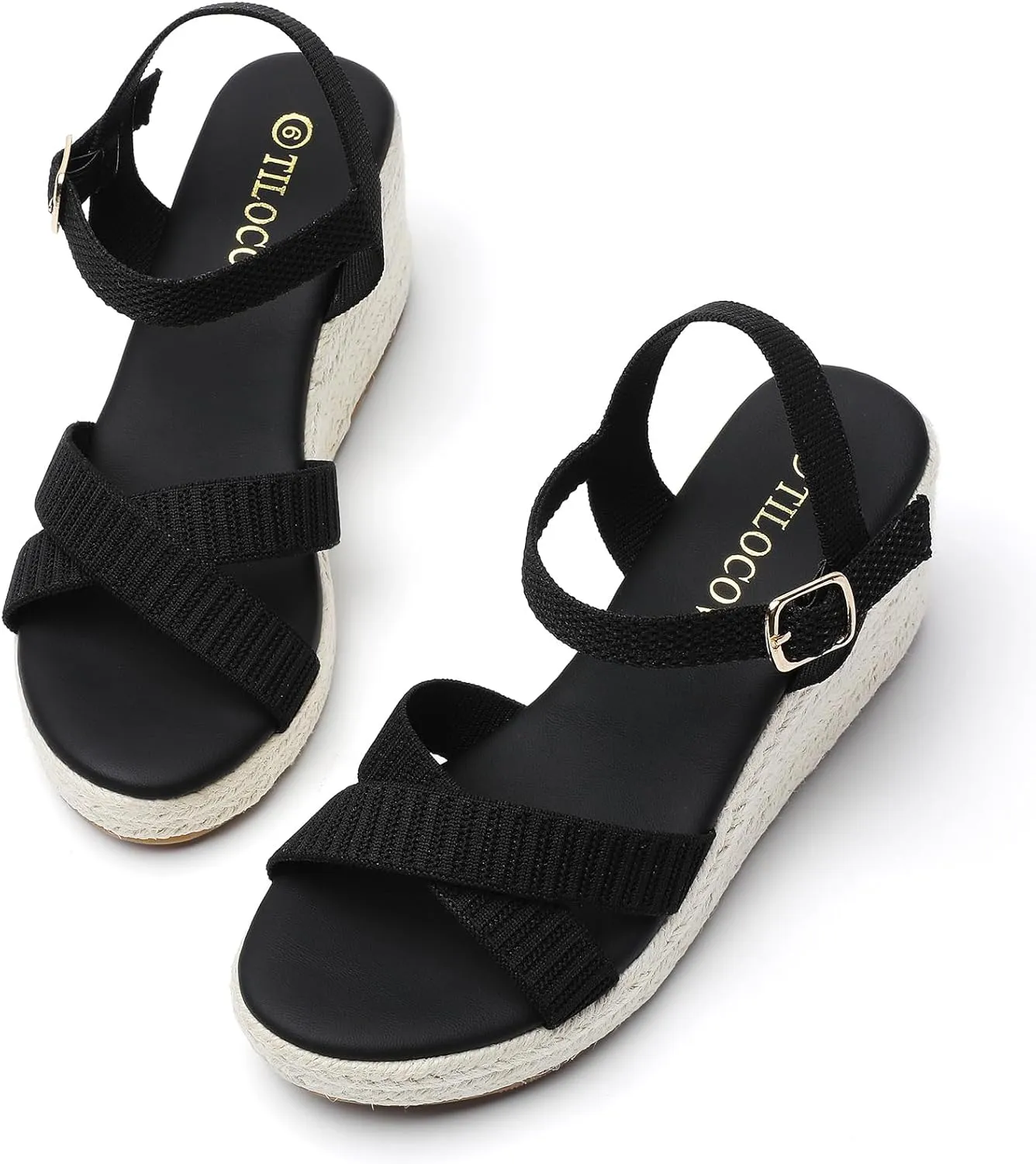 Tilocow Espadrilles Wedges for Women Knit Platform Heels Open Toe Ankle Strap Sandals Beach Casual Dress Shoes