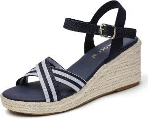 Tilocow Espadrilles Wedges for Women Knit Platform Heels Open Toe Ankle Strap Sandals Beach Casual Dress Shoes