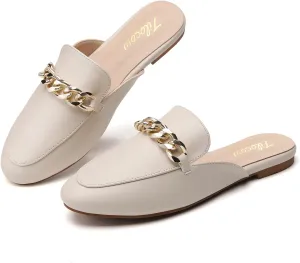 Tilocow Metal Chain Decor Flat Mules for Women Closed Round Toe Slip on Loafers Slides Backless Mules Flats