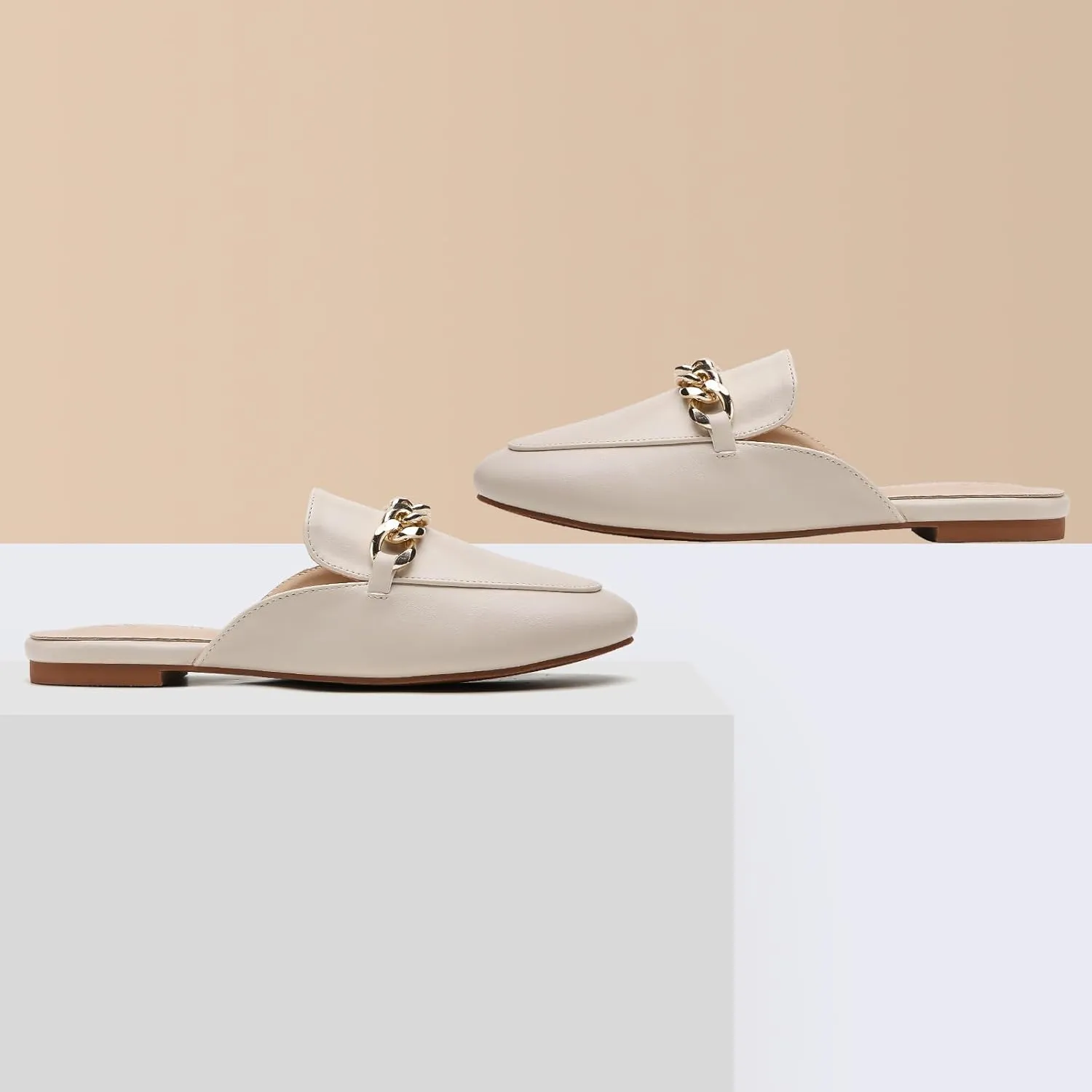 Tilocow Metal Chain Decor Flat Mules for Women Closed Round Toe Slip on Loafers Slides Backless Mules Flats