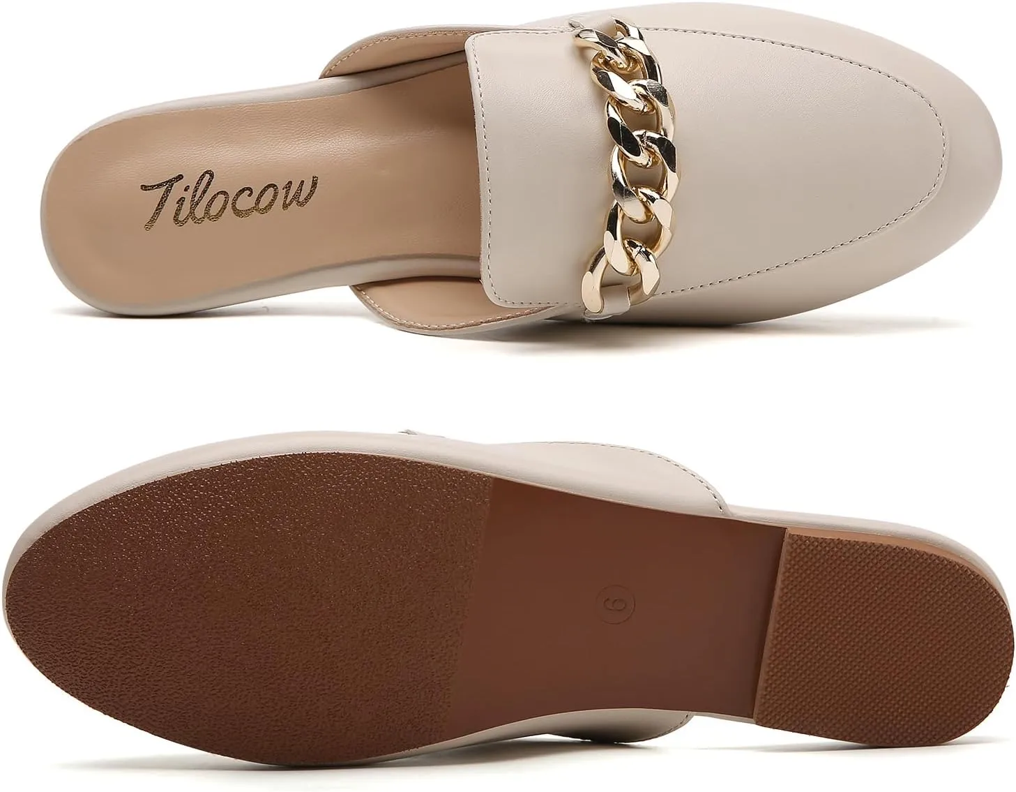 Tilocow Metal Chain Decor Flat Mules for Women Closed Round Toe Slip on Loafers Slides Backless Mules Flats