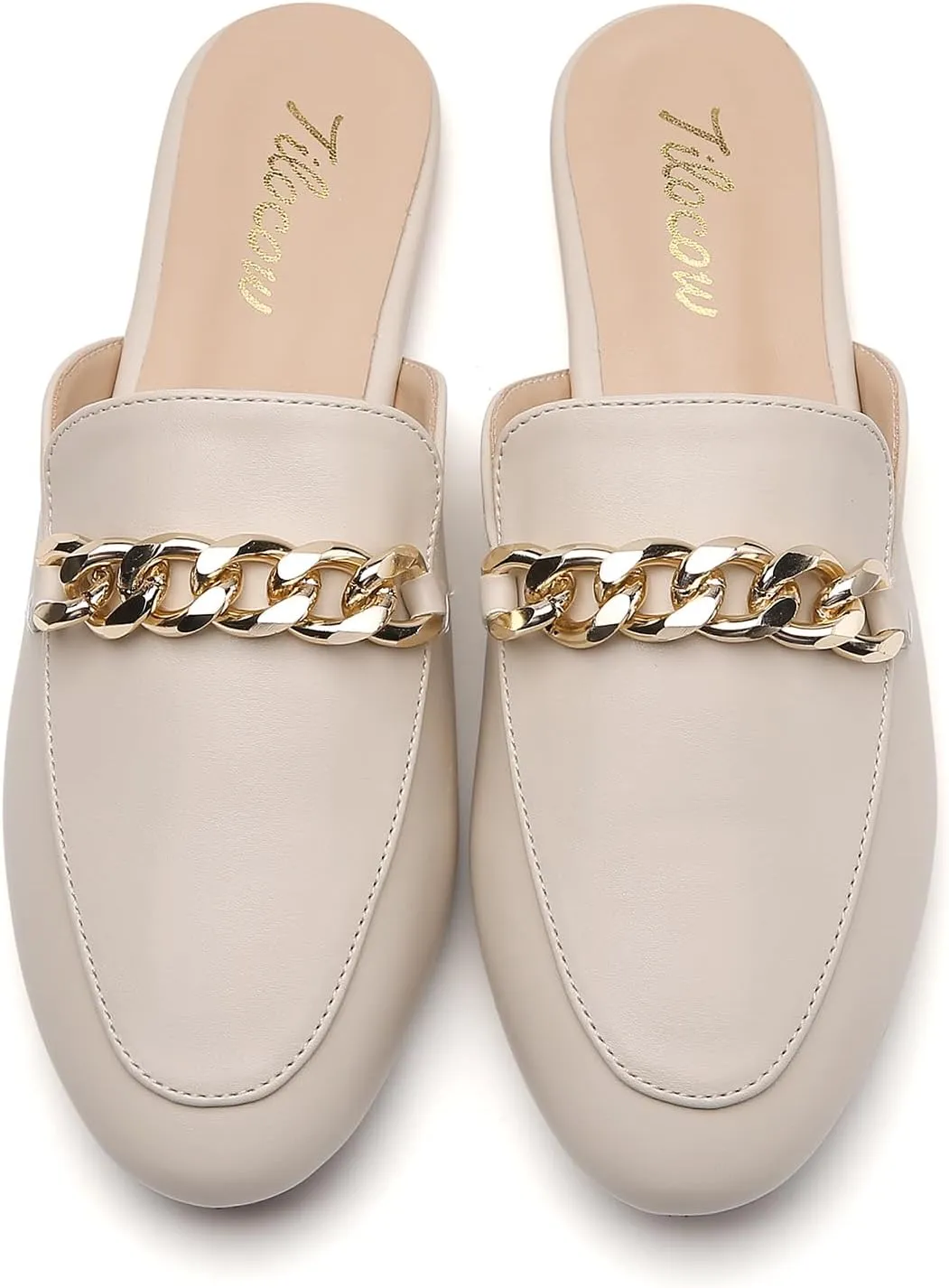 Tilocow Metal Chain Decor Flat Mules for Women Closed Round Toe Slip on Loafers Slides Backless Mules Flats