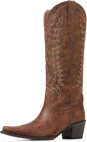 Tscoyuki Cowboy Boots for Women: Embroidered Western Knee High Boots Women - Pointed Toe Chunky Heel Cowgirl Tall Boots