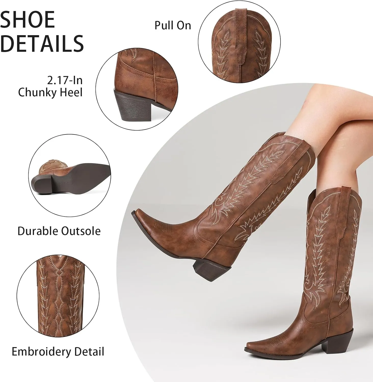 Tscoyuki Cowboy Boots for Women: Embroidered Western Knee High Boots Women - Pointed Toe Chunky Heel Cowgirl Tall Boots