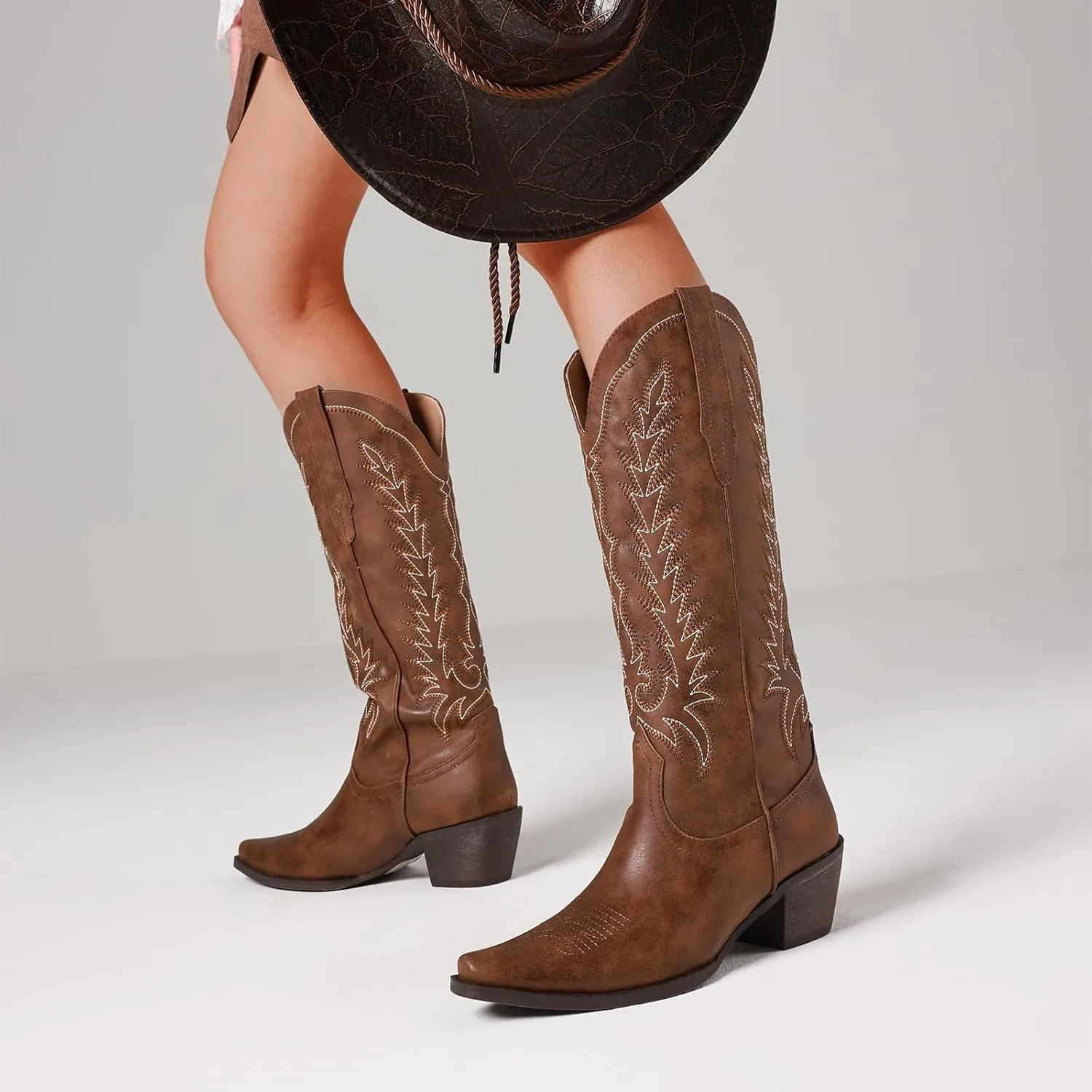 Tscoyuki Cowboy Boots for Women: Embroidered Western Knee High Boots Women - Pointed Toe Chunky Heel Cowgirl Tall Boots
