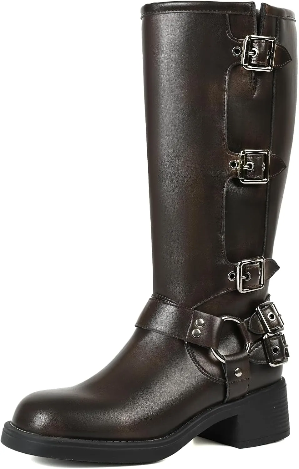 Uacllcau Knee High Riding Boots for Women Vintage Waterproof Slip On Motorcycle Boots Wide Calf Square Toe Chunky Low Heel Biker Buckle Boots Casual