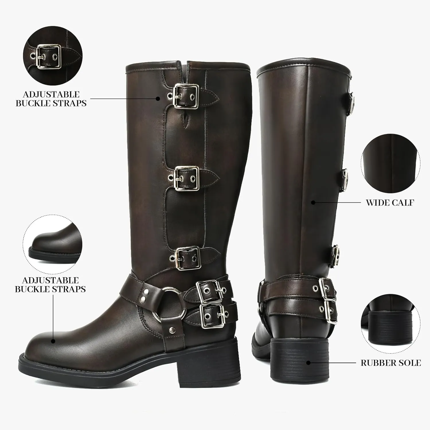 Uacllcau Knee High Riding Boots for Women Vintage Waterproof Slip On Motorcycle Boots Wide Calf Square Toe Chunky Low Heel Biker Buckle Boots Casual