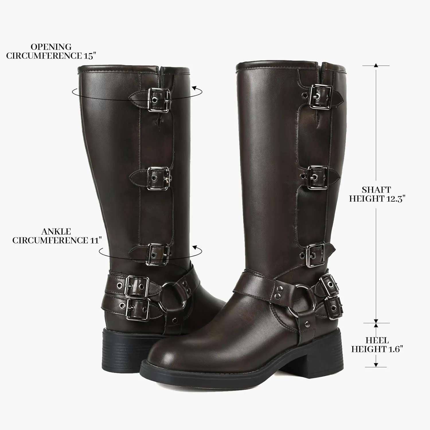 Uacllcau Knee High Riding Boots for Women Vintage Waterproof Slip On Motorcycle Boots Wide Calf Square Toe Chunky Low Heel Biker Buckle Boots Casual