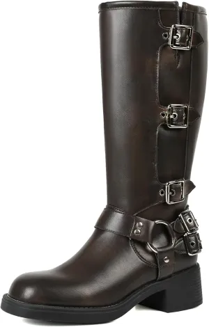 Uacllcau Knee High Riding Boots for Women Vintage Waterproof Slip On Motorcycle Boots Wide Calf Square Toe Chunky Low Heel Biker Buckle Boots Casual