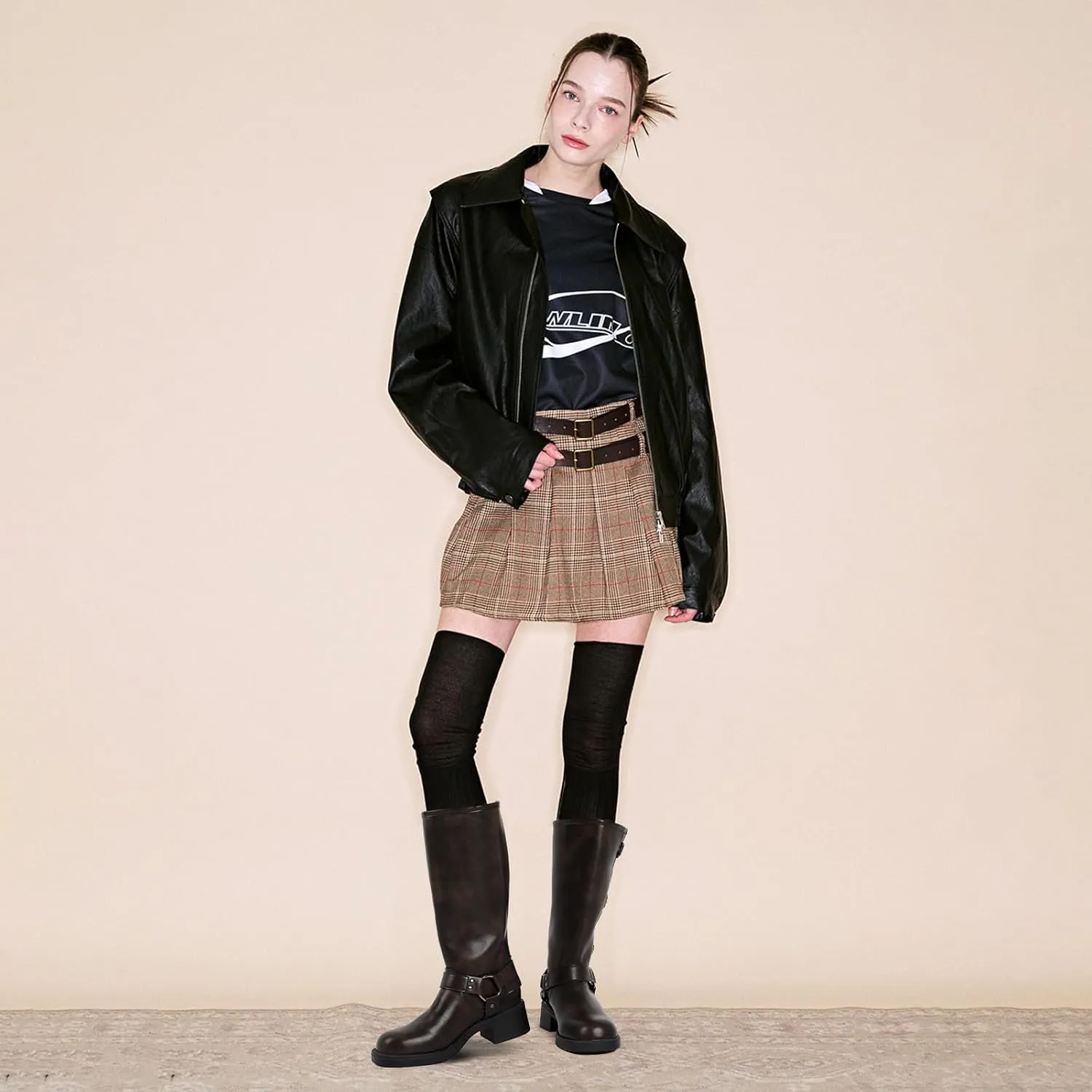 Uacllcau Knee High Riding Boots for Women Vintage Waterproof Slip On Motorcycle Boots Wide Calf Square Toe Chunky Low Heel Biker Buckle Boots Casual