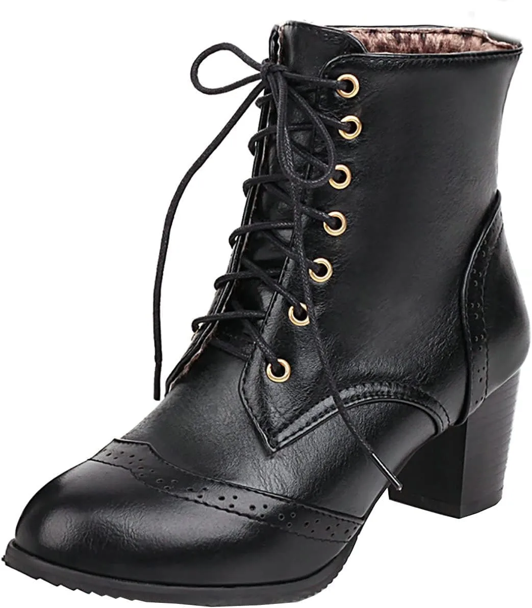 Uniquelly Womens Wingtip Booties Chunky Heel Ankle Boots Lace Up Round Toe Vintage Comfortable Winter Shoes