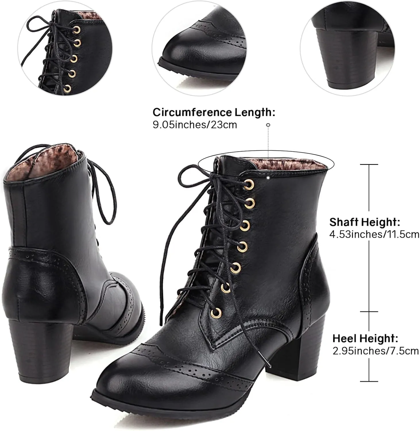 Uniquelly Womens Wingtip Booties Chunky Heel Ankle Boots Lace Up Round Toe Vintage Comfortable Winter Shoes